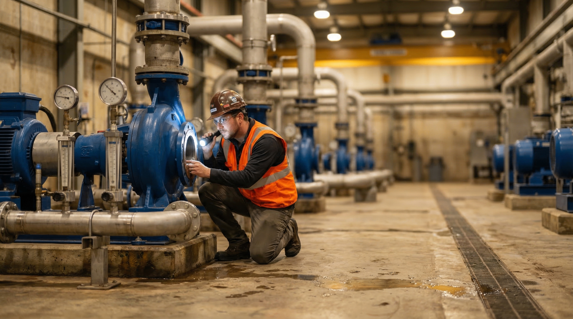 Industrial technician inspecting pump equipment in a plant