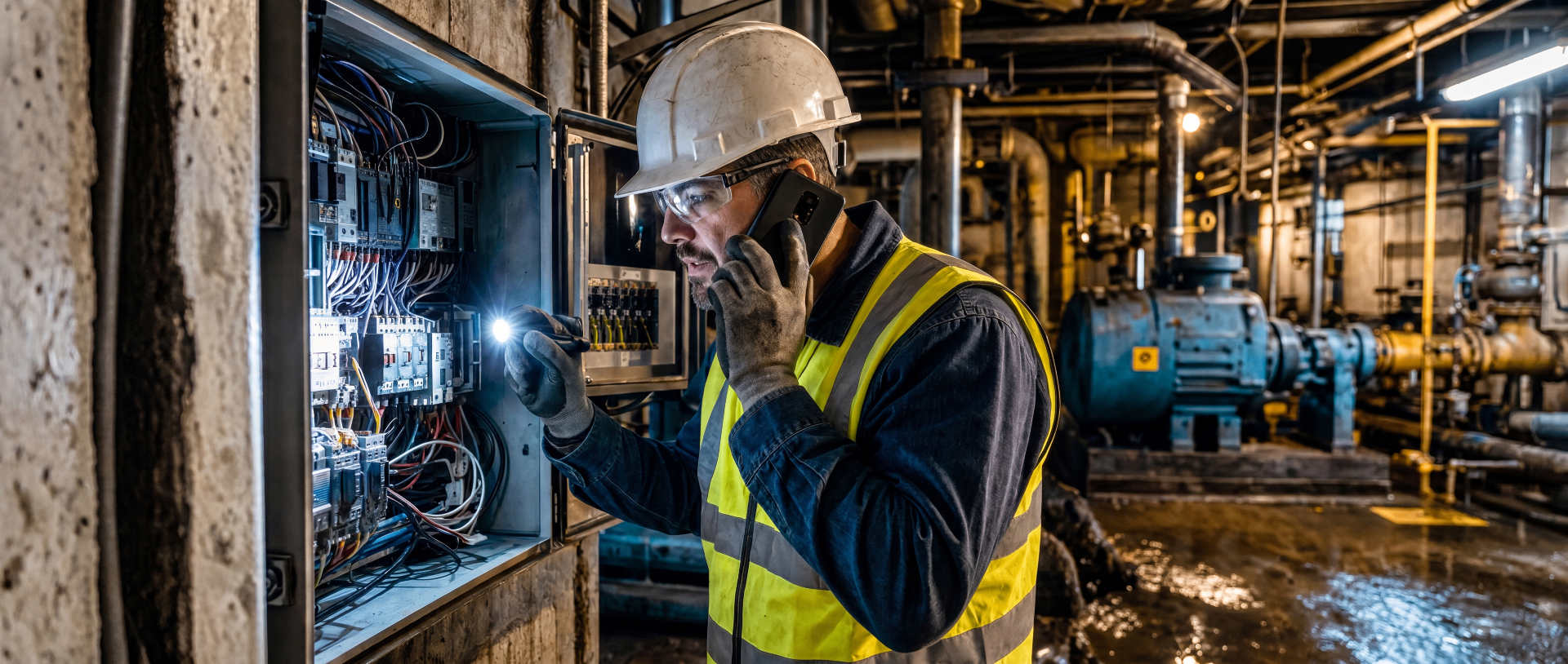 Industrial technician on the phone in a plant setting