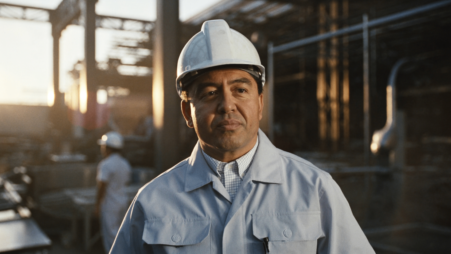Industrial professional in hard hat at a manufacturing facility