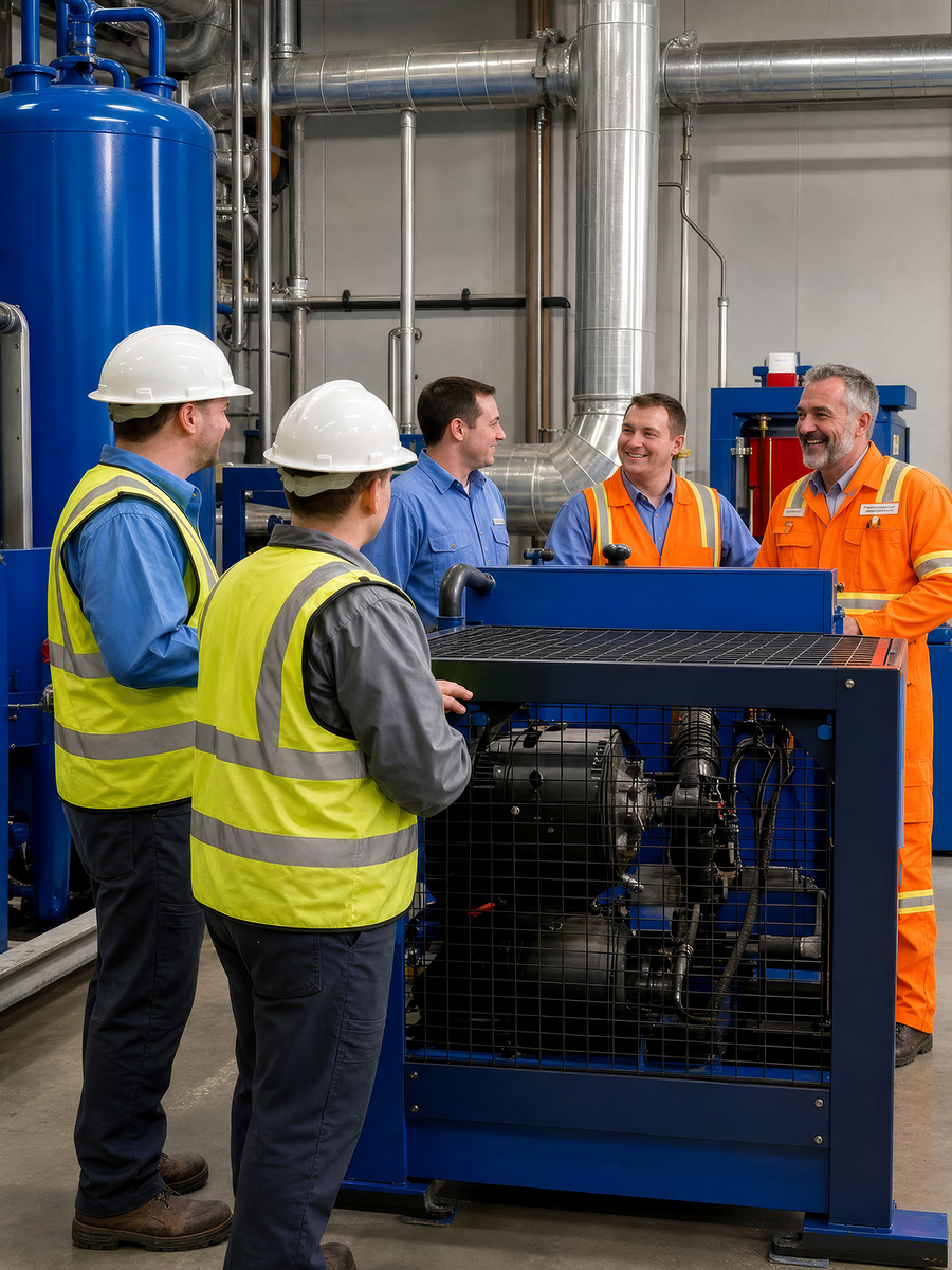 Industrial team gathered around compressed air equipment